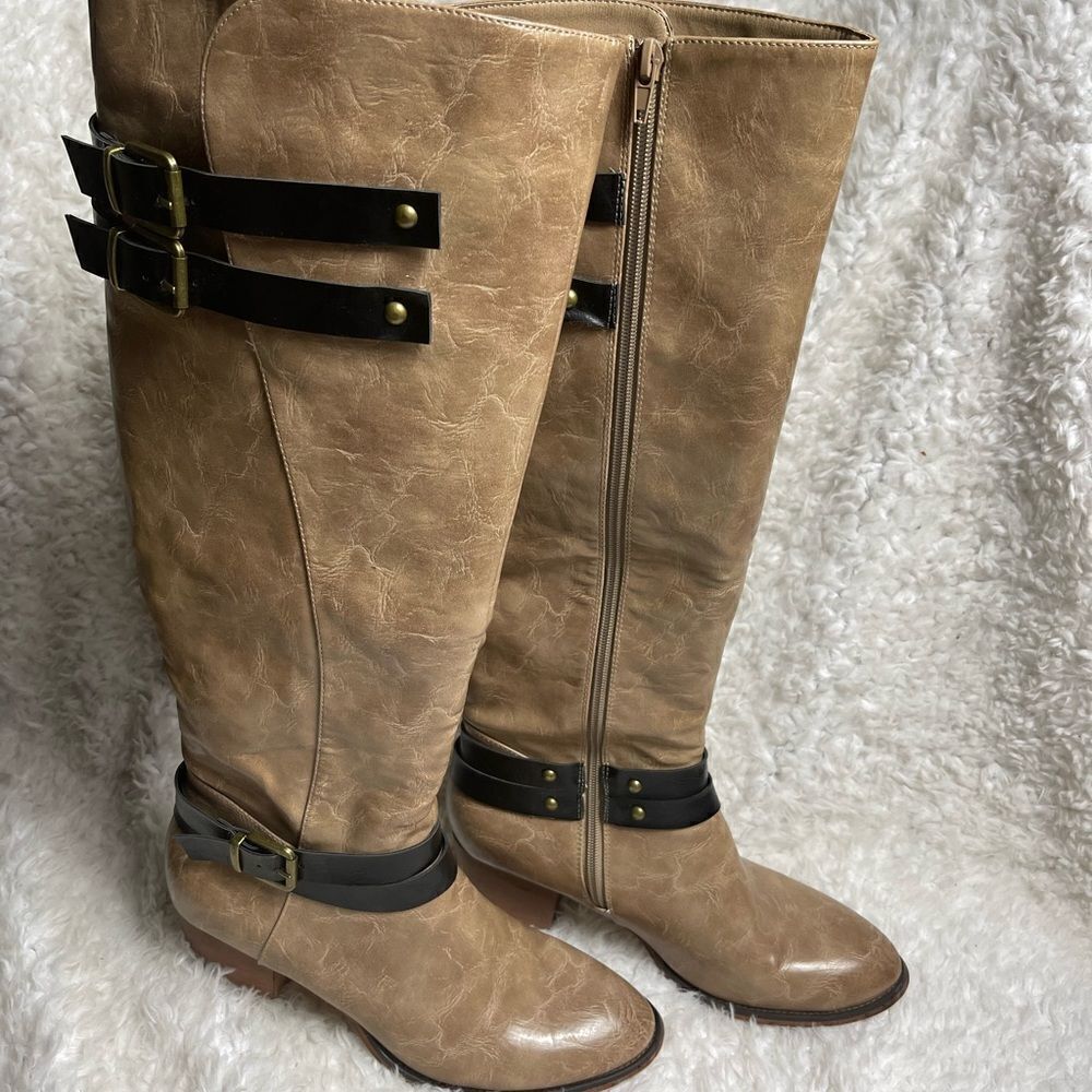 Olivia Miller Swanky Tall Boots faux leather tan with black straps SZ10
